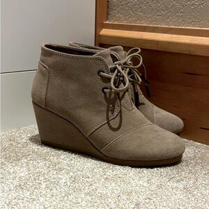 Suede tan wedge booties by TOMS